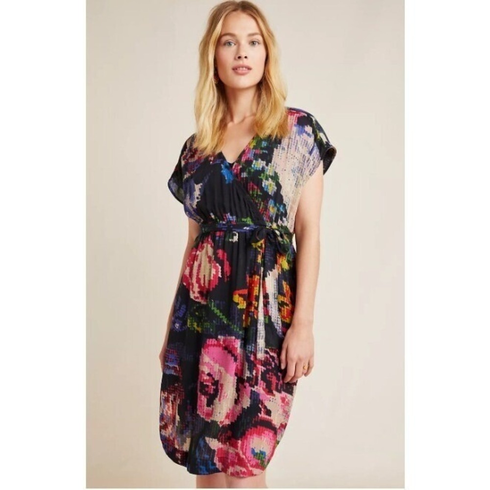 Anthropologie Astrid Needlepoint Floral Print V-Neck Mini Dress Petite XXSP
